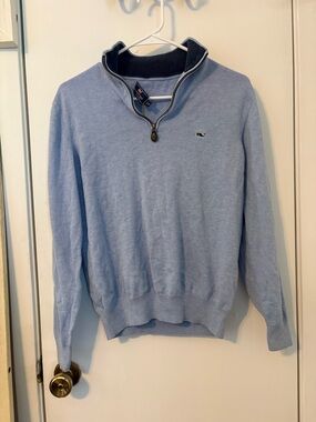 Vineyard Vines Men's Light Blue Quarter-Zip Sweater with Navy Trim